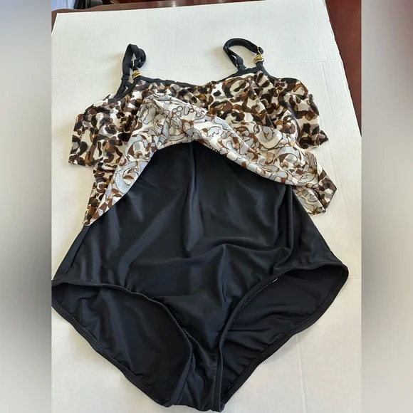Maxine of Hollywood Ruffle Top One Piece Black & Brown Swimsuit size L/XL - Picture 5 of 10
